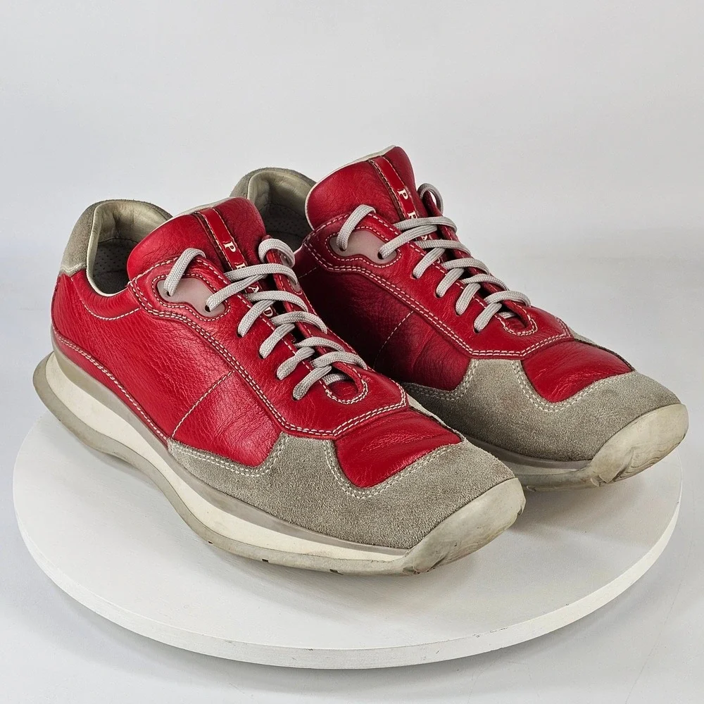 Vintage Prada Americas Cup Red Leather Grey Suede Sneakers E2003 39 Womens